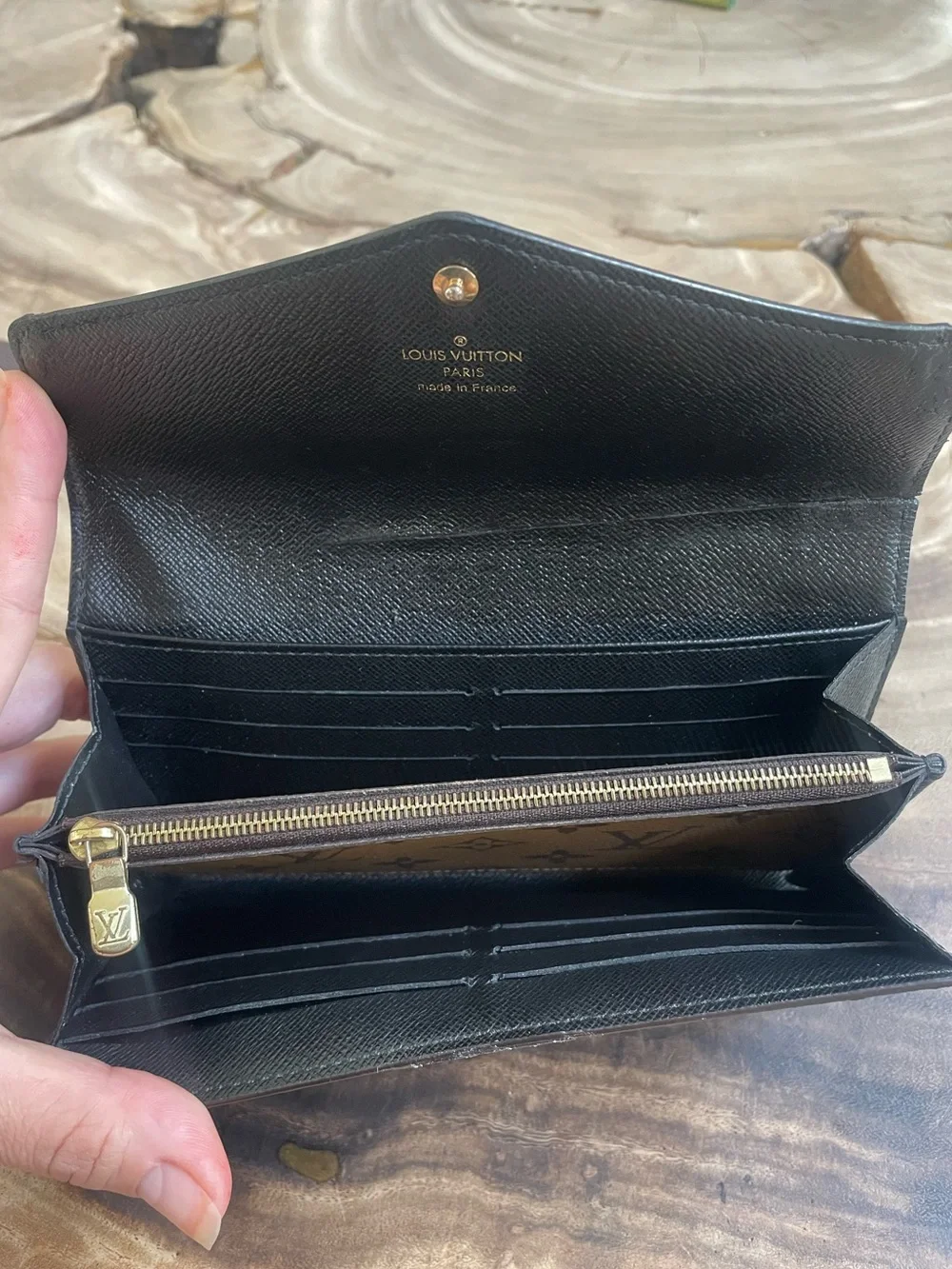 Louis Vuitton reverse monogram Sarah wallet custom patch repair
